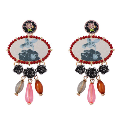 Exaggerated Ethnic Artistry: Chic Composite Gold Resin Bird and Floral Tassel Drop Earrings – Lightweight, Unique Design for Every Occasion