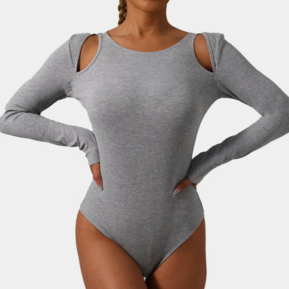 Chic Long Sleeve Bodysuit with Cut Out Shoulder Design Triangle Shaped Jumpsuit for Fashion Forward Women