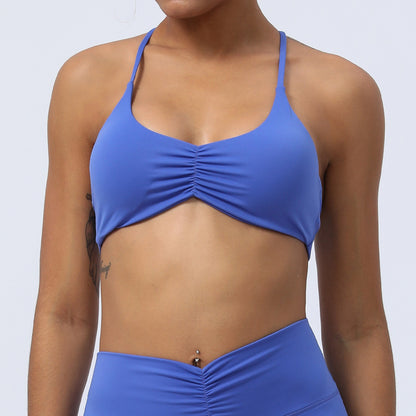 Y Back Sports Bra with Delicate Straps and Ruching for Indoor Training Yoga and Fitness Workouts