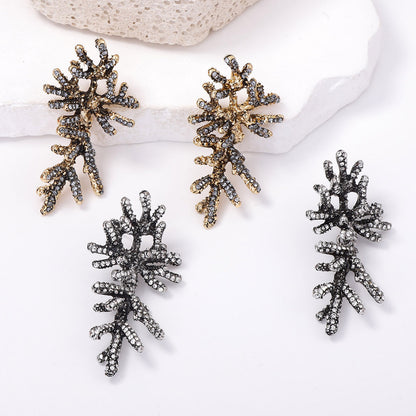 Stylish Allure: Unique Alloy Full-Diamond Coral Earrings for Women - Elegant, Versatile, and High-Quality Accessory Perfect for Any Occasion