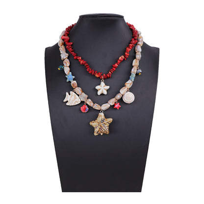 Stylish Layered Double-Strand Seashell and Starfish Design Necklace with Turquoise Ceramic Accents - Perfect for Ocean Getaways and Casual Wear