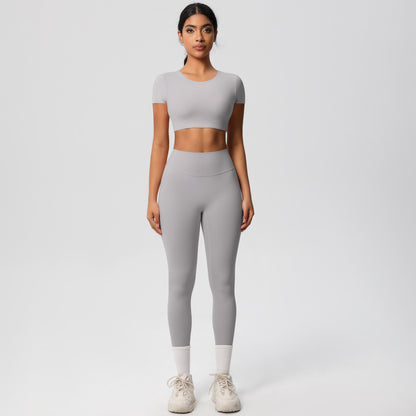 Soft Brushed Fabric Yoga Set with Built in Bra Short Sleeve Top High Waisted Butt Lifting Leggings for Running and Fitness