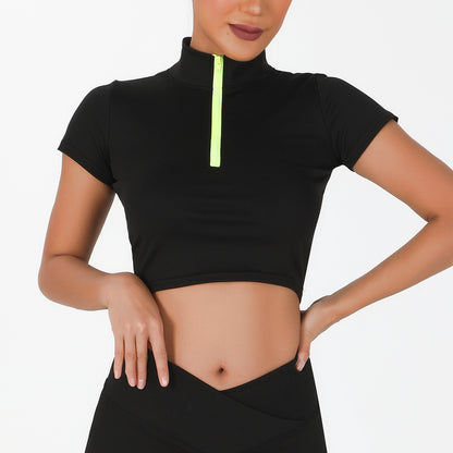 Women's Color Block Yoga Set with Zippered Short Sleeve Top and High Waisted Bum Lifting Shorts for Yoga Fitness and Everyday Wear