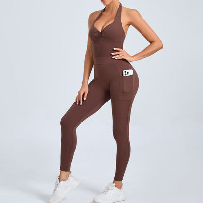 Backless Yoga Jumpsuit for Women Adjustable Neck Design with Side Pockets for Dance and Fitness