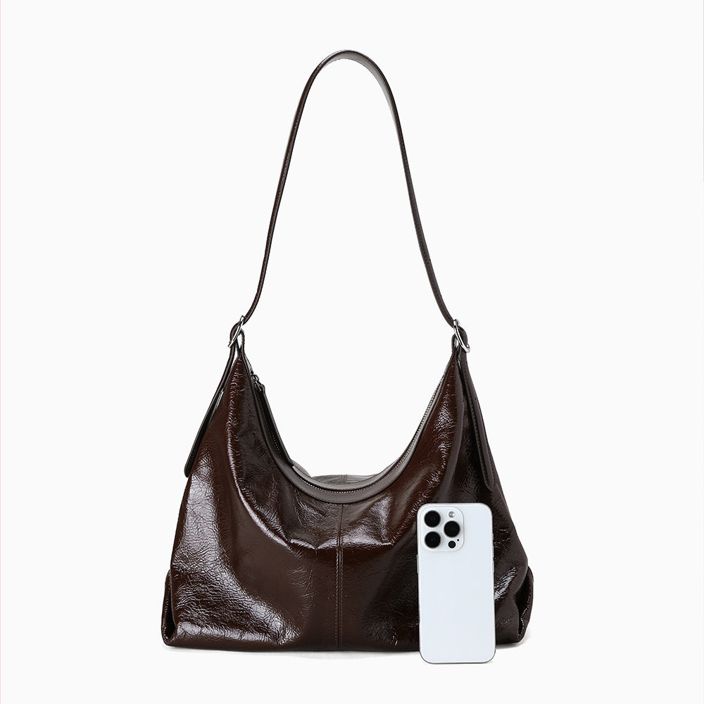 Luxury Genuine Waxed Leather Tote Bag Minimalist Design for Commuters Versatile Shoulder Crossbody Style for Women