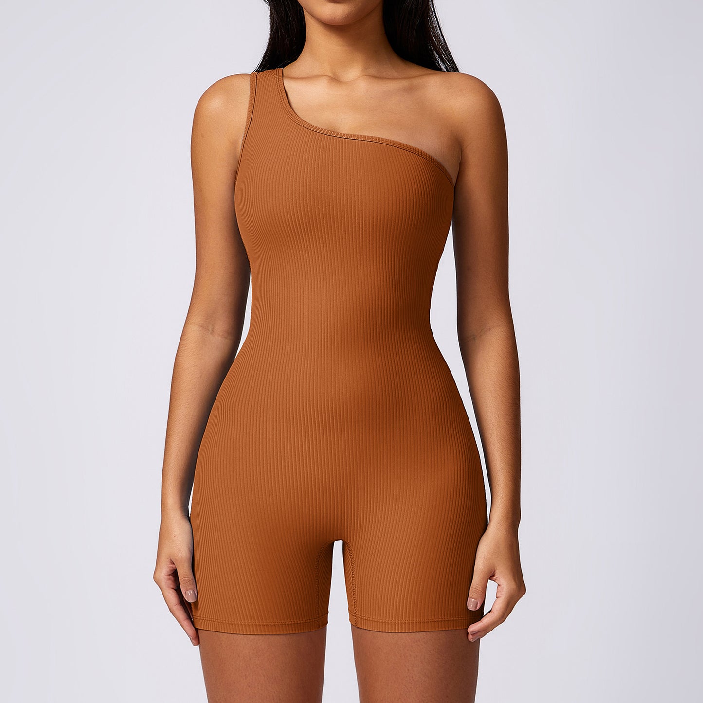 Sleek One Shoulder Sports Bodysuit Ribbed Stretchy Yoga Outfit with Beautiful Back Design Model 8616 for Comfort and Performance