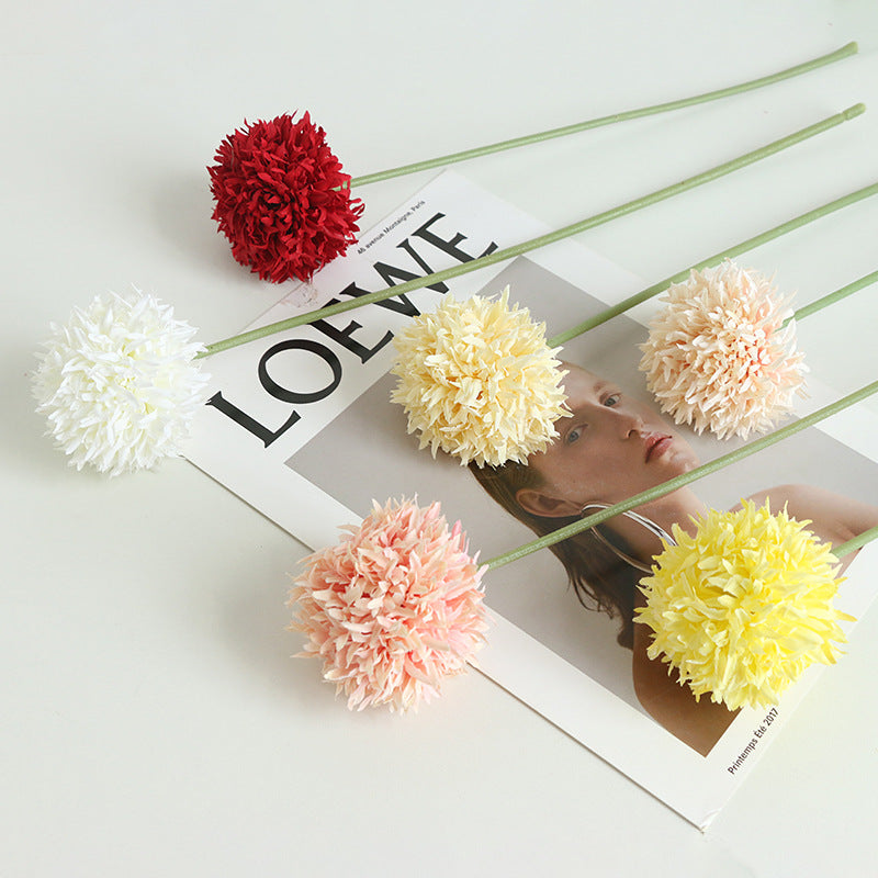 Realistic Miniature Single Stem Balls of Chrysanthemum - Golden Wire Ping Pong Flower - Perfect Indoor Table Decoration and Photography Prop for Elegant Home Interiors