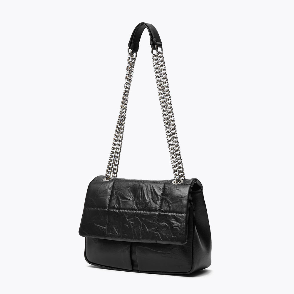 Korean Inspired Chain Handle Crossbody Bag Grain Leather Spacious Design and Unique Style for Everyday Use