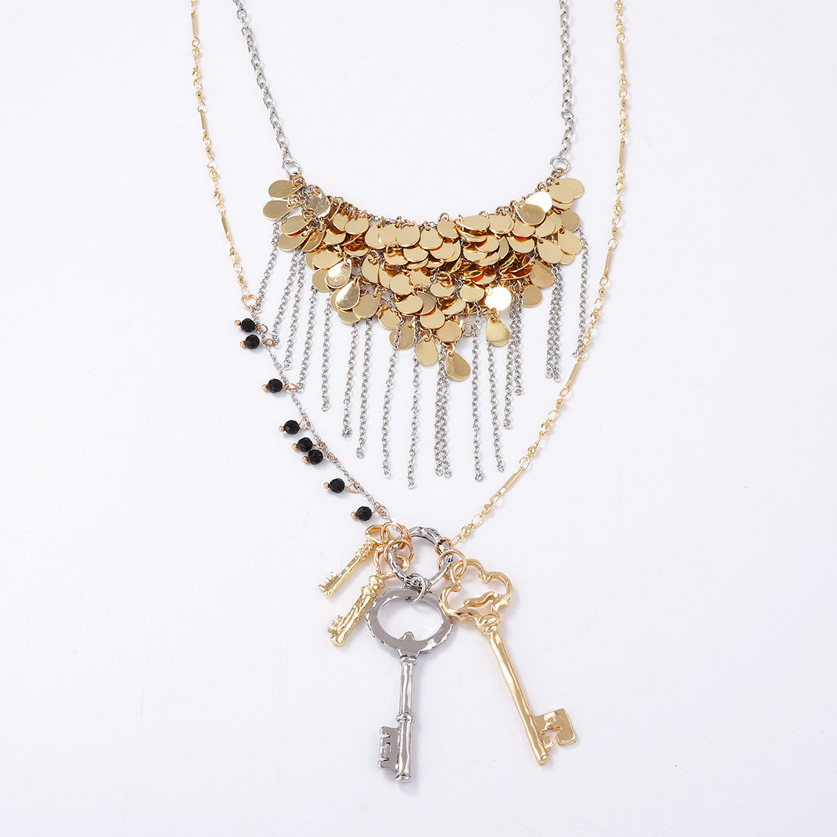 Chic Luxury Alloy Key Pendant Necklace with Metal Round Charm and Elegant Tassel – Perfect for Layering with Your Favorite Outfits
