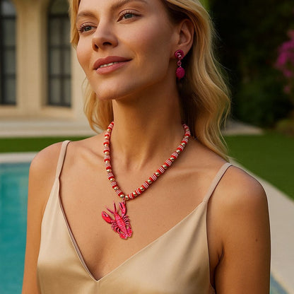 Chic Summer Ocean-Inspired Handcrafted Colorful Beaded Alloy Lobster Pendant Necklace for Women - Versatile and Stylish Accessory