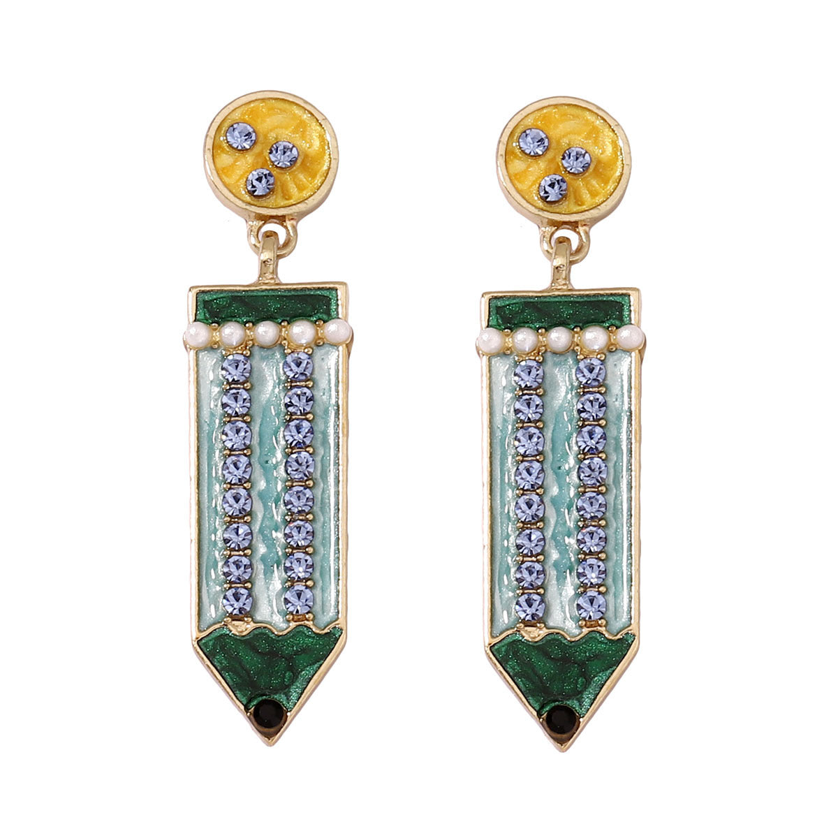 Cute Back-to-School Enamel Pencil Earrings with Rhinestones - Trendy Jewelry for Girls and Women - Perfect Accessory for School Spirit and Fashion