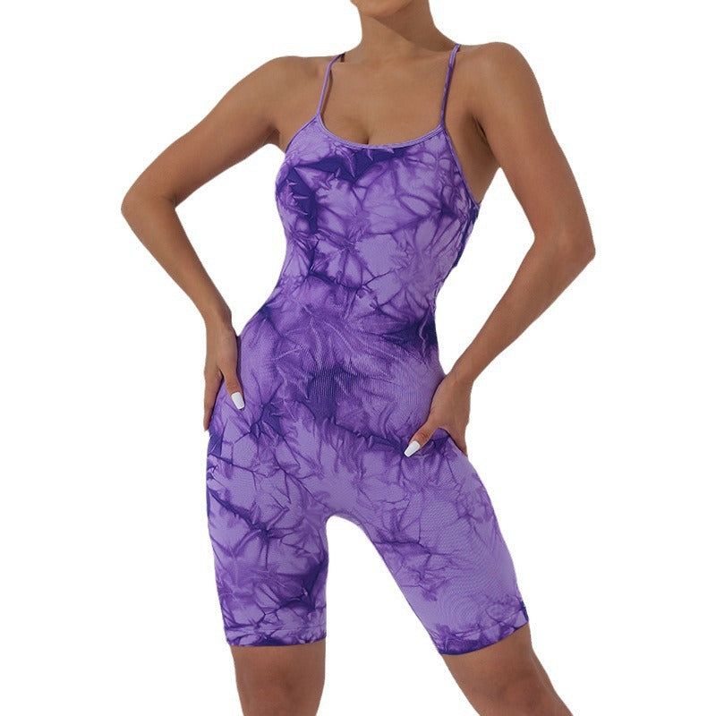 Seamless Tie Dye Yoga Bodysuit with Cross Back Straps and Comfortable Fitness Outfit for Women