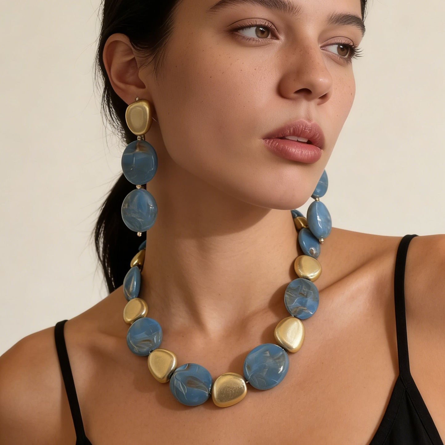 Vintage-Inspired Bohemian Style Statement Necklace and Earrings Set with Bold Geometric Blue Beaded Design - Unique and Eye-Catching Jewelry for Women