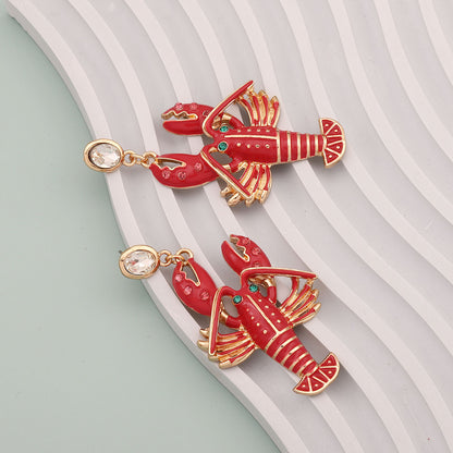 Exquisite  Creative Alloy Enamel Lobster Earrings with Dazzling Rhinestones - Make a Bold Fashion Statement