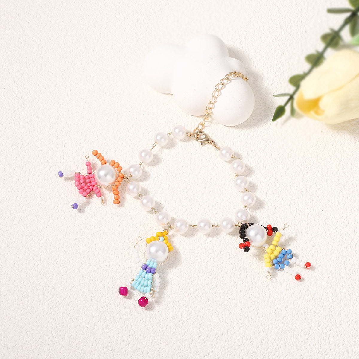 Stylish Summer Handmade Beaded Cartoon Character 3D Necklace and Bracelet Set - Unique, Fresh Design Inspired by Pearl Accents for Trendy Fashion Lovers