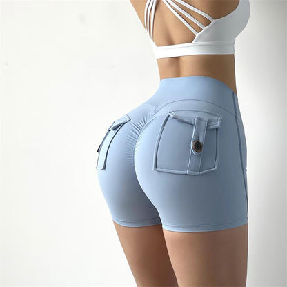 High Waisted Peach Butt Lift Cargo Shorts for Women Elastic Button Closure Yoga Pants for Quick Dry Comfort in Running and Fitness Activities