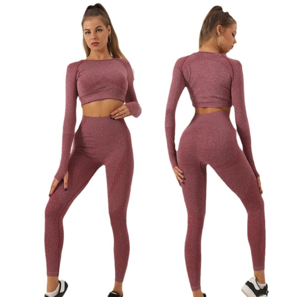 Seamless Polka Dot Women's 2 Piece Long Sleeve and Legging Set High Waist Workout Outfit for Outdoor Sports Running and Yoga