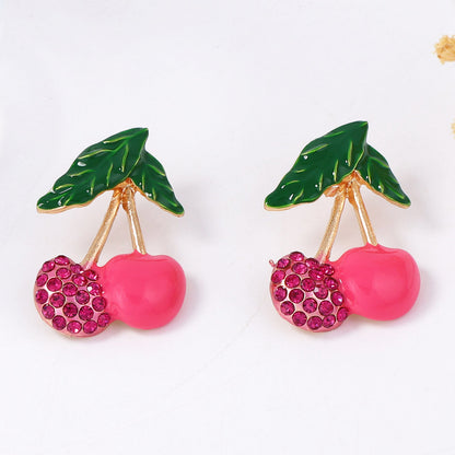 Charming Korean-Inspired Enamel Cherry Stud Earrings with Sparkling Zircon Stones – Elegant, Minimalist, and Perfect for Everyday Wear