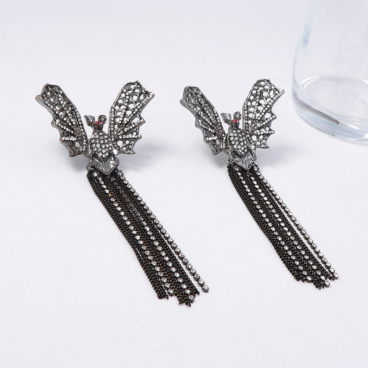 Exquisite Custom Dark-Inspired Alloy Bat Tassel Pendant Earrings for Women, Featuring Glamorous Rhinestone Accents