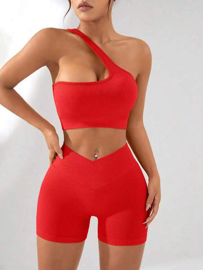 Seamless High Waisted Peach Butt Yoga Shorts and Ribbed Asymmetrical Sports Bra Set for Women for Fitness Exercise and Active Lifestyle