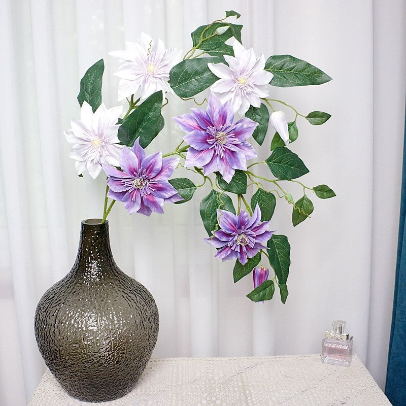 Single Stem Triple-Headed French Clematis - Realistic Faux Flower for Home, Hotel, and Event Decorations, Perfect for Weddings and Stylish Displays