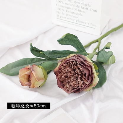 Faux Peony Flowers with Burnt Edges - Stunning 3-Head Silk Floral Arrangement for Wedding Decor, Home Decoration, and Photography Props