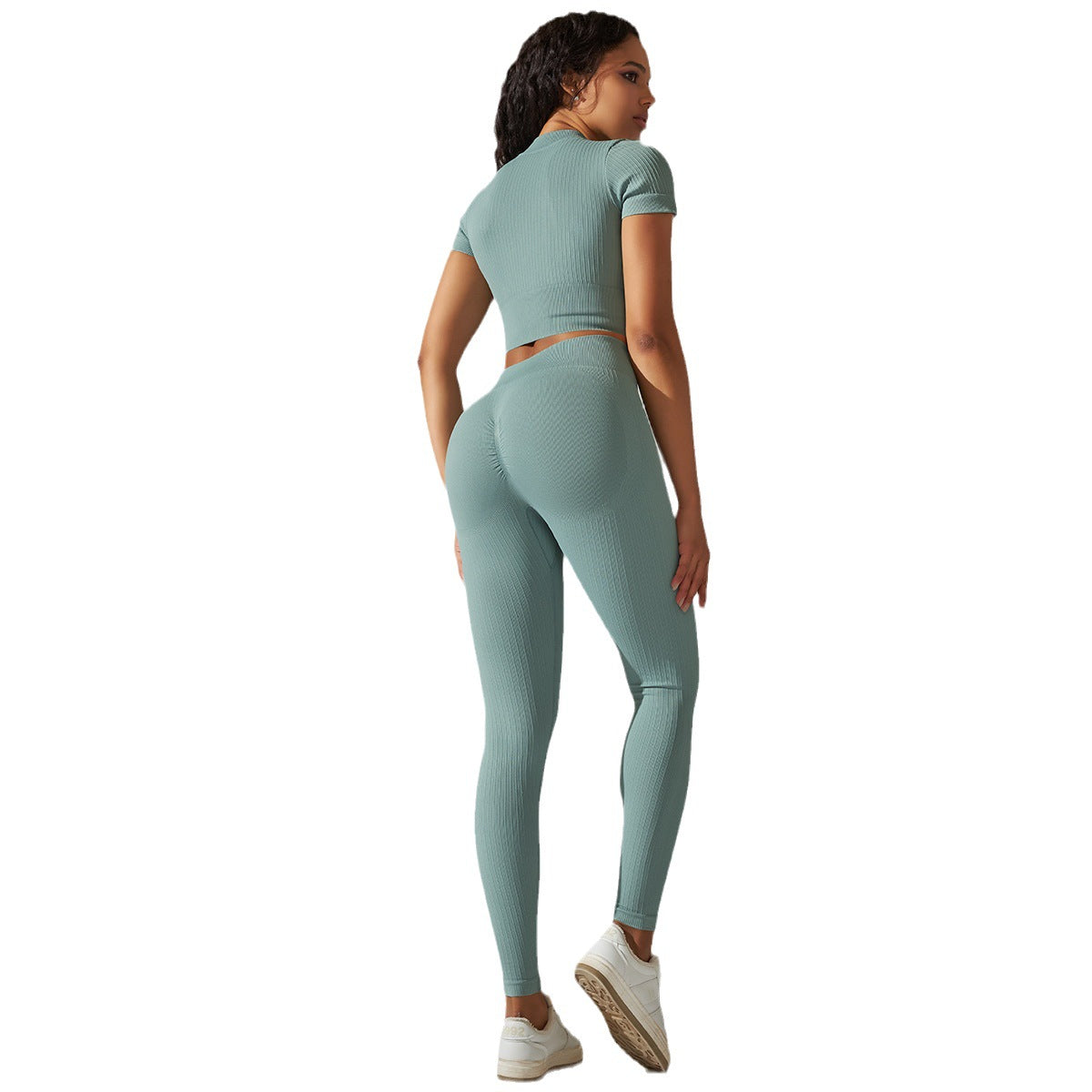 Seamless Knitted High Waisted Peach Butt Yoga Pants Set for Running Fitness and Yoga Featuring Short Sleeve Top and Comfortable 7 8 Length Leggings