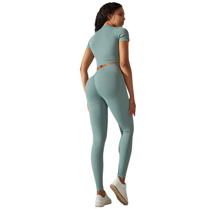 Seamless Knitted High Waisted Peach Butt Yoga Pants Set for Running Fitness and Yoga Featuring Short Sleeve Top and Comfortable 7 8 Length Leggings