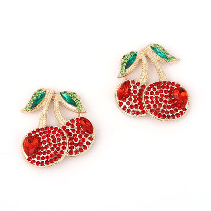 Trendy Fresh Fruit Cherry Alloy Earrings with Sparkling Rhinestones - Elegant Versatile Luxury for Every Occasion