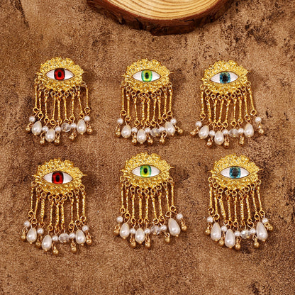 Chic Geometric Pearl Tassel Earrings with Eye Design - Elevate Your Style with Unique Textures and Stunning Elegance for Women