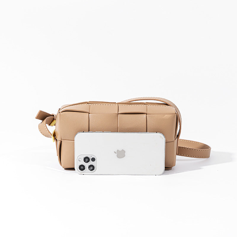 Chic Korean Style Versatile Genuine Leather Women's Woven Checkered Crossbody Bag Quality Small Square Shoulder Bag with Sophisticated Feel