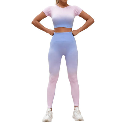 Gradient Seamless Women's Yoga Set Quick Dry Outdoor Sports Outfit with Short Sleeves High Waisted Leggings for Comfort and Peach Lift