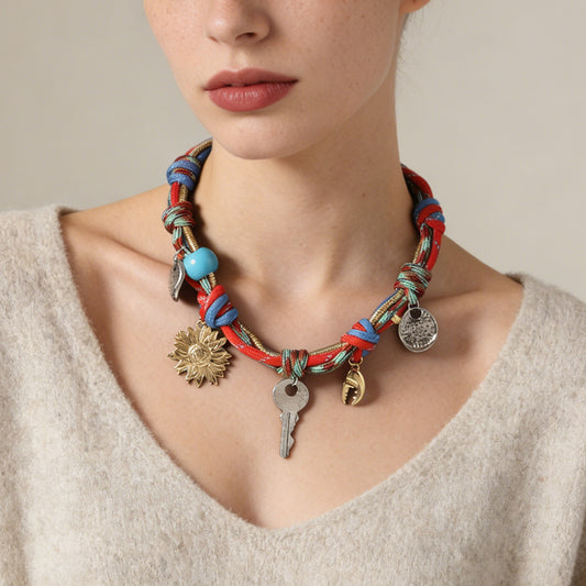 Unique Vintage Multi-Accessory Alloy Pendant Handcrafted Woven Rope Choker Necklace for Women - Boho Chic Style, Perfect Gift for Any Occasion
