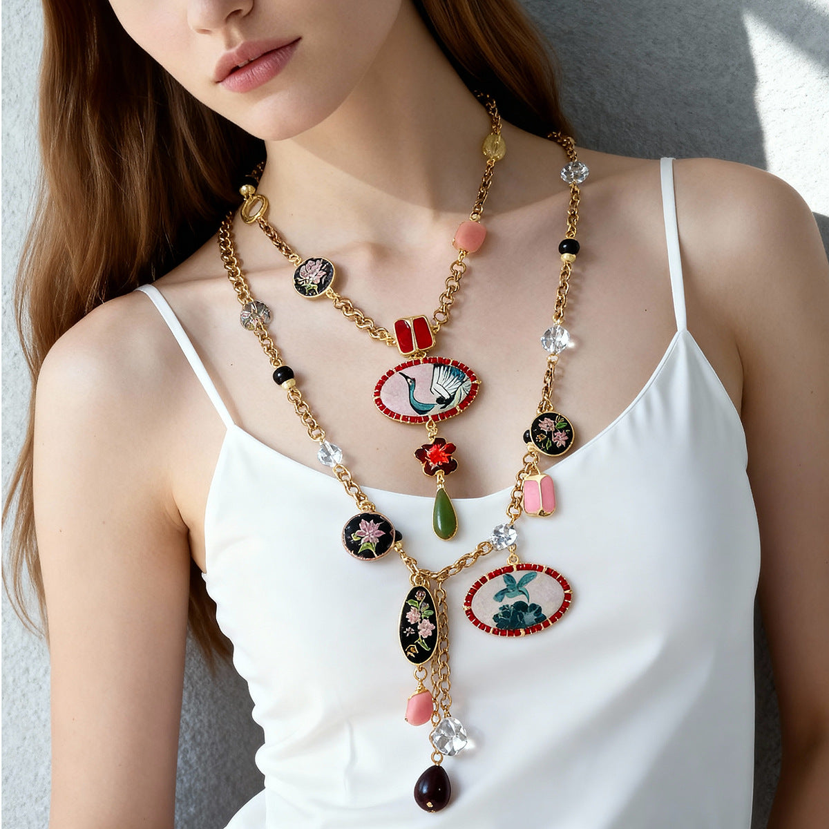 Bohemian Style Alloy Floral & Bird Print Double Layer Tassel Pendant Necklace for Women – Unique, Trendy, and Perfect for Any Occasion