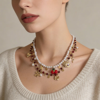 Elegant Double-Layer Beaded Necklace with Imitation Pearl and Glass Flower Pendants - Perfect for Layering and Special Occasions