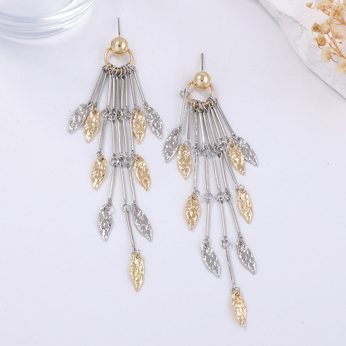 Chic Luxury Long Metal Tassel Earrings with Geometric Leaf Design - Versatile and Elegant Statement Pieces for Women