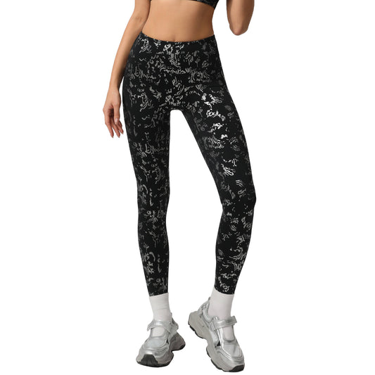 High Waisted Silver Print Women's Casual Yoga Pants Quick Dry Running Leggings for Outdoor Sports with Breathable Comfort and