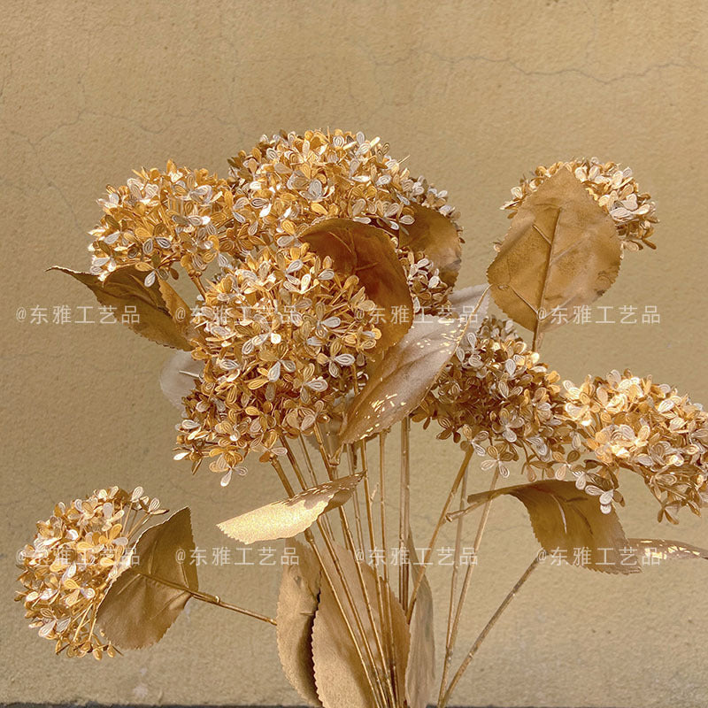 Elegant Scandinavian-Inspired Artificial Hydrangea Floral Arrangement - 3-Head Golden Hydrangea - Perfect for Wedding Decor, Hotel Interiors, and Stylish Home Accents