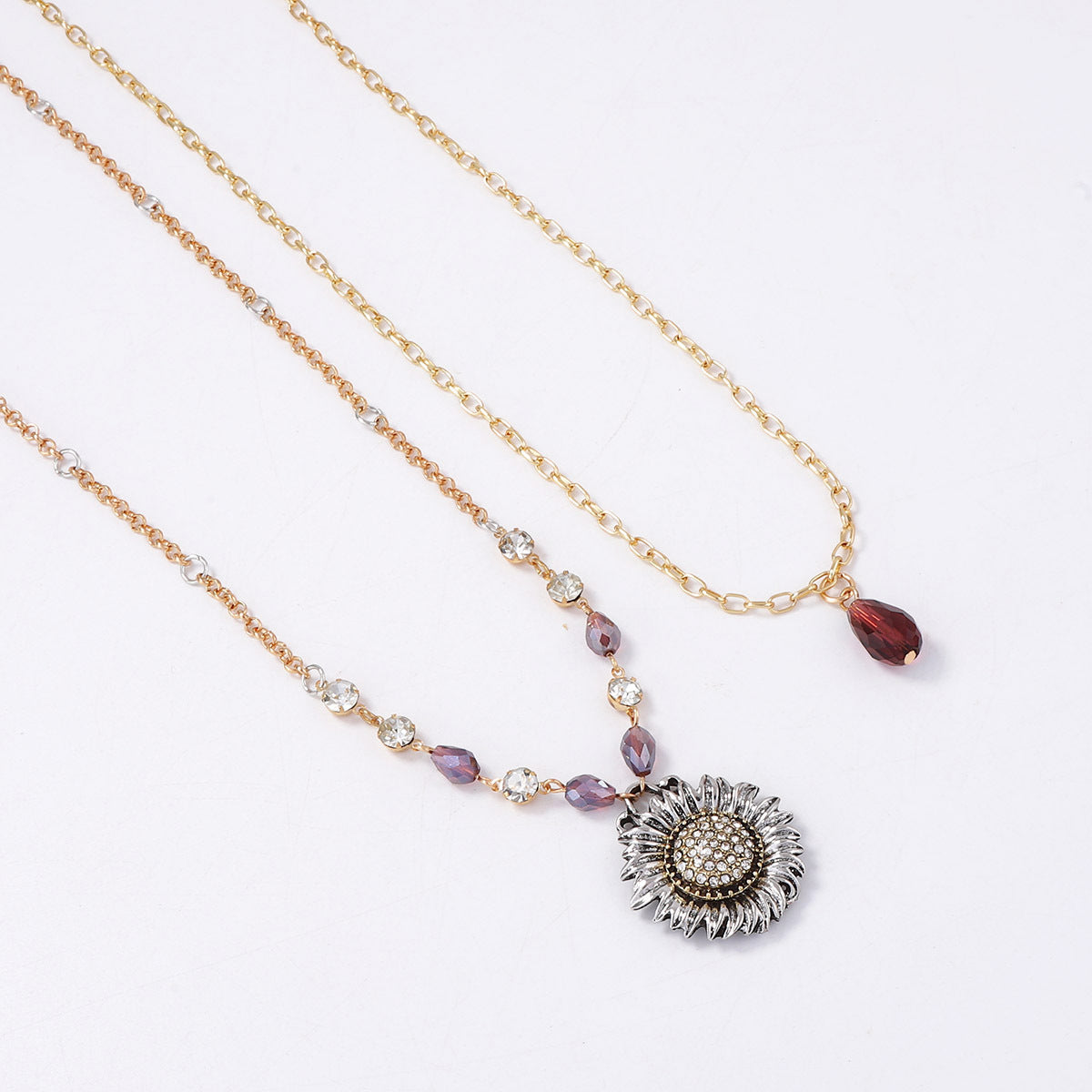 Bohemian-Inspired Vintage Geometric Alloy Sunflower Pendant Necklace with Double Layer Chain for Women - Unique, Stylish, and Perfect for Everyday Wear