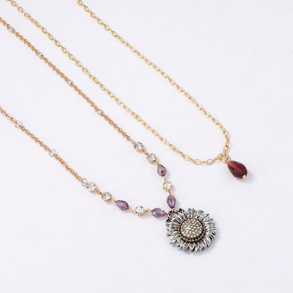 Bohemian-Inspired Vintage Geometric Alloy Sunflower Pendant Necklace with Double Layer Chain for Women - Unique, Stylish, and Perfect for Everyday Wear