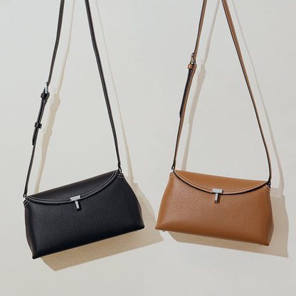 Minimalist Genuine Leather Flap Crossbody Bag with T Lock Closure Large Capacity Shoulder Bag for Commuting and Everyday Use