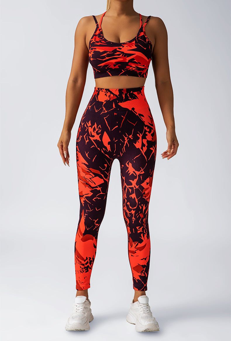 Printed Yoga Set for Women Quick Dry Compression Leggings with Butt Lift Shock Absorbing Sports Bra and Comfortable Fitness Tank Top