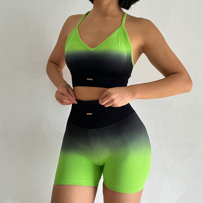 Women's Gradient Yoga Set Outdoor Running Outfit with Shock Resistant Sports Bra Butt Lifting Shorts and Comfortable Fitness Clothing for All Activities