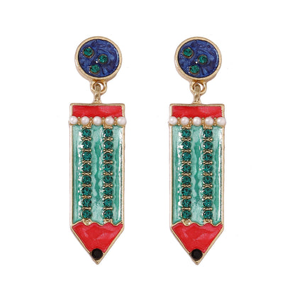 Cute Back-to-School Enamel Pencil Earrings with Rhinestones - Trendy Jewelry for Girls and Women - Perfect Accessory for School Spirit and Fashion