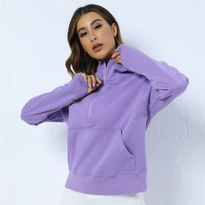 Women's Fleece Lined Hooded Half Zip Sweatshirt for Outdoor Running and Warm Yoga Comfortable and for Fitness Enthusiasts