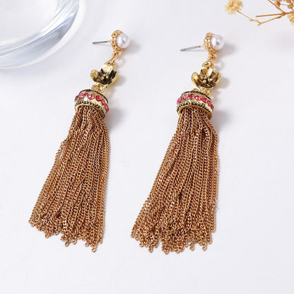 Bohemian-Inspired Geometric Tassel Drop Earrings with Dazzling Zirconia Stones - Vintage Ethnic Style for Unique Personal Expression