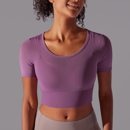 and Comfortable Women's Round Neck Short Sleeve Crop Top with Built in Bra for Fitness Yoga and Running for Active Lifestyles