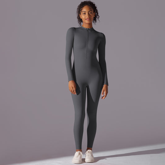 Long Sleeve Full Length Yoga Jumpsuit with Half Zip for Women Solid Color One Piece Activewear for Comfort and Performance