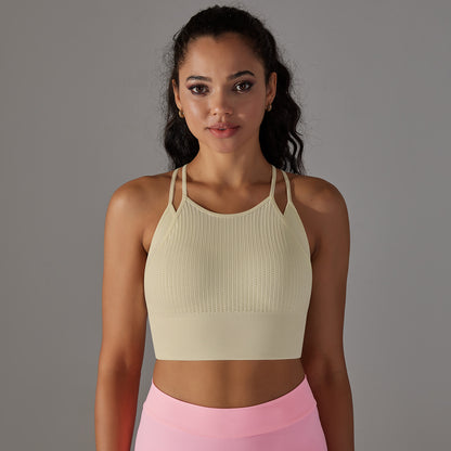 Seamless Knit Double Strap Beautiful Back Sports Bra for Women Breathable Lightweight and Yoga Top with Ribbed Design