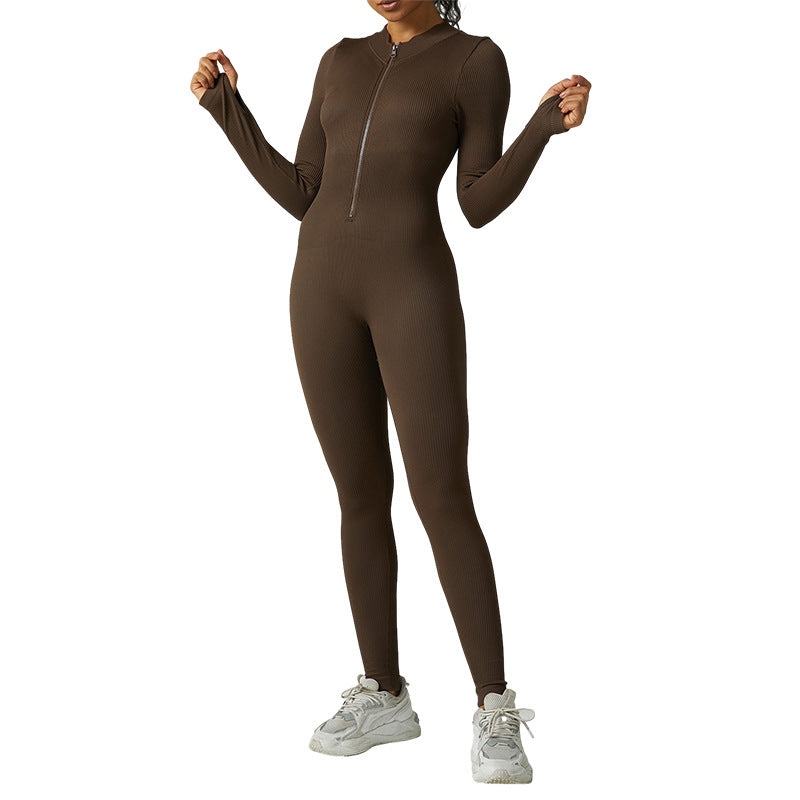 Seamless High Performance Yoga Bodysuit for Women Full Zip Long Sleeve Workout Outfit with Ribbed Design for Intense Training